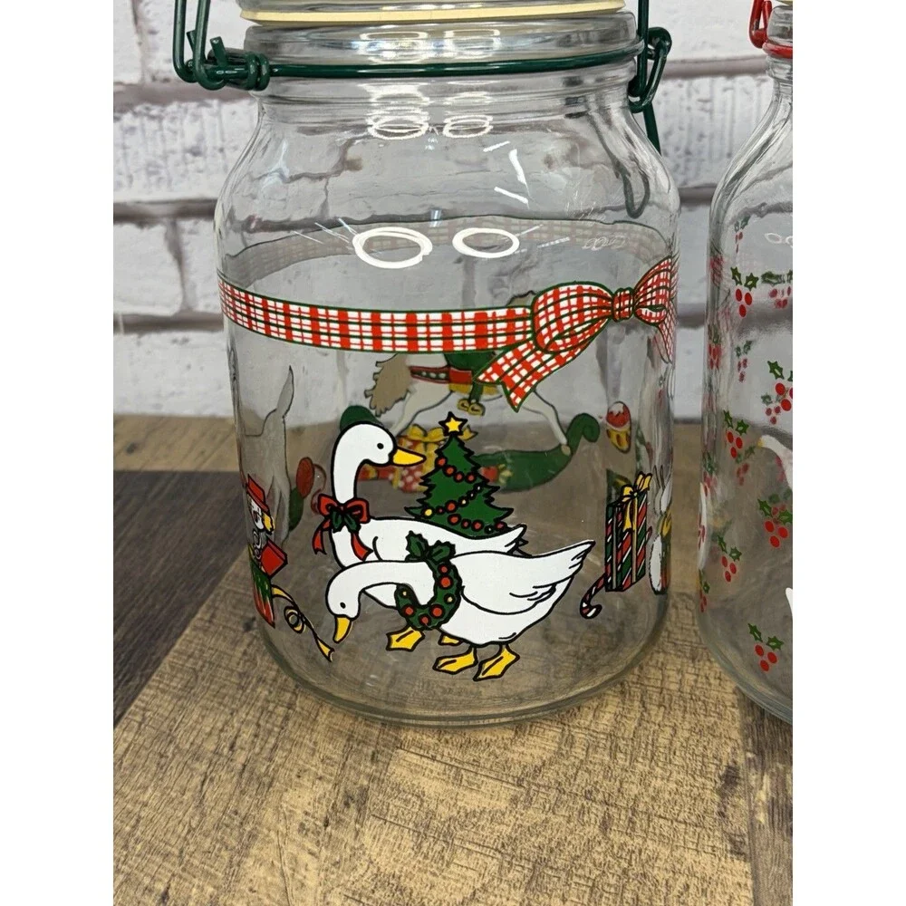 2 Christmas Goose Canisters Anchor Hocking Latching Lid Jars No. 9 Geese